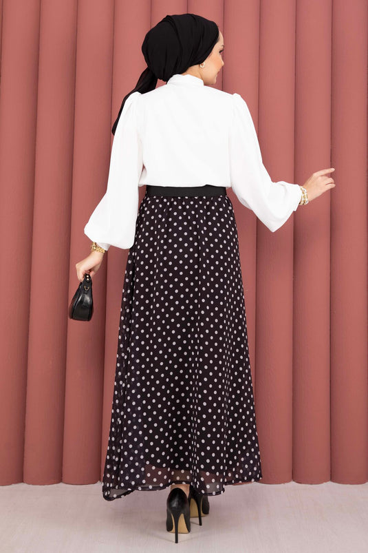 Chemisier avec foulard & ensemble jupe à pois avec ceinture noir