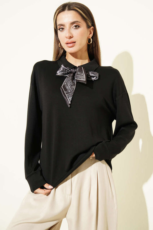 Sweat-shirt Loyşa à col chemise avec foulard noir