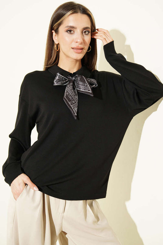 سويت شيرت لويشا بياقة قميص مع وشاح أسود
