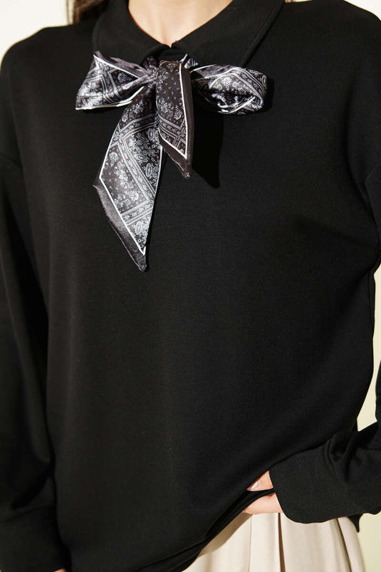 Sweat-shirt Loyşa à col chemise avec foulard noir