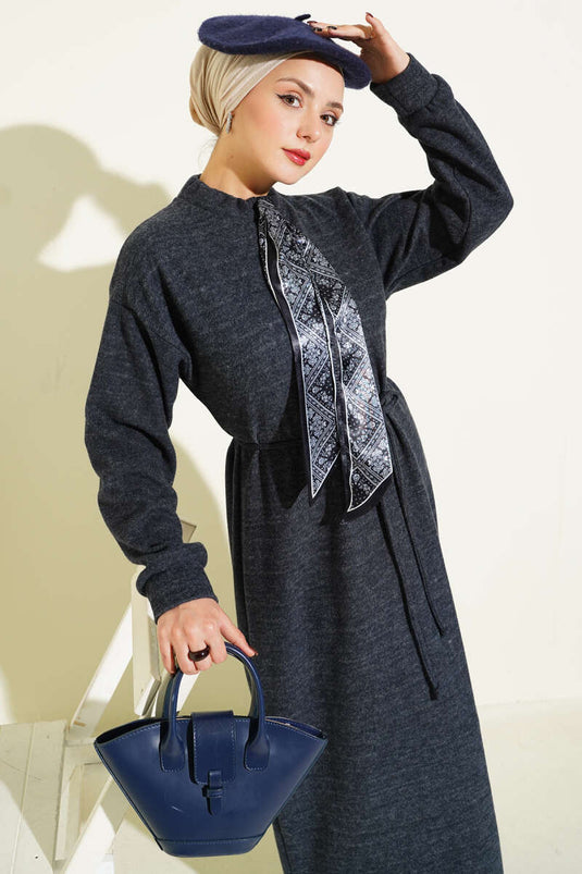 Dress with Scarf and Tie Detail, Smoke Grey