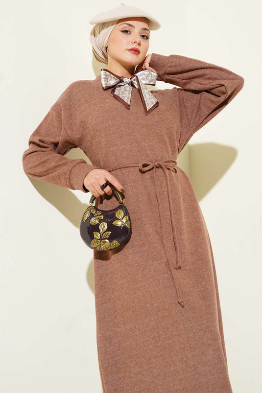 Dress with Scarf and Tie Detail, Milky Coffee
