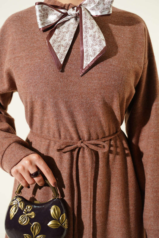 Dress with Scarf and Tie Detail, Milky Coffee