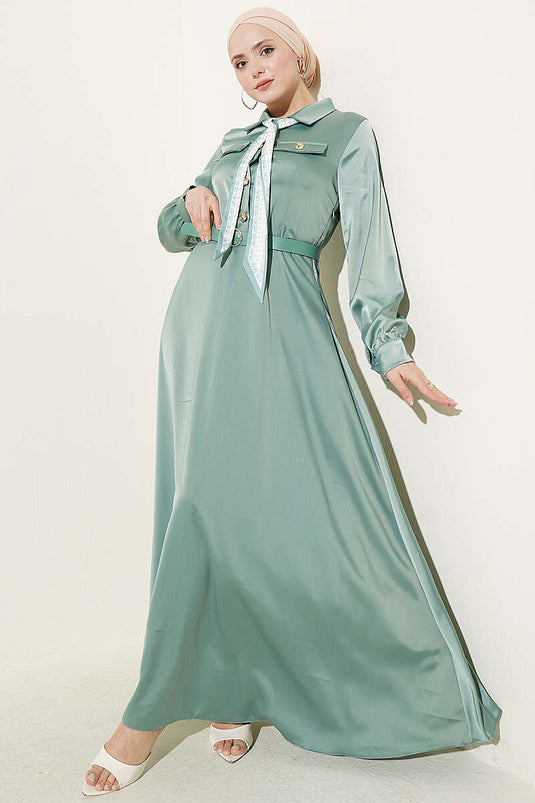 Satin Evening Dress with Scarf and Belt in Pistachio Green