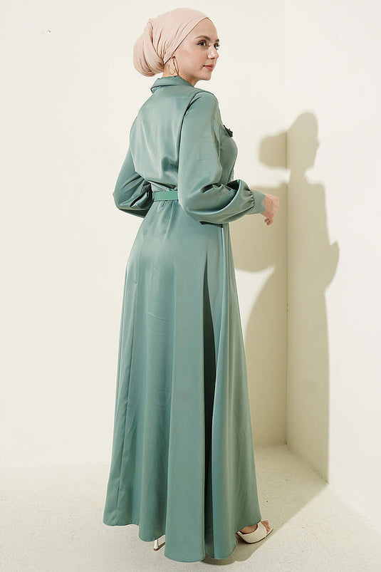 Satin Evening Dress with Scarf and Belt in Pistachio Green