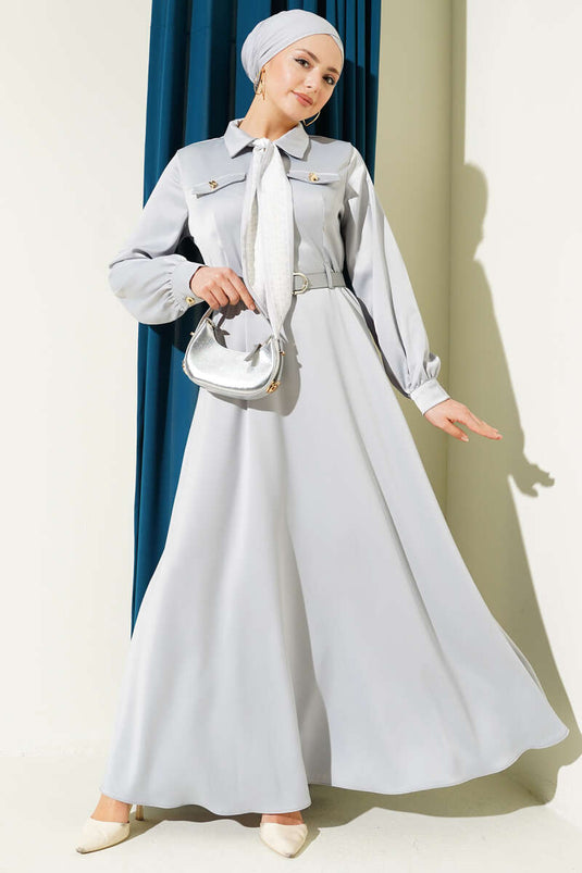 Fularlı Kemerli Saten Abiye Elbise Gri