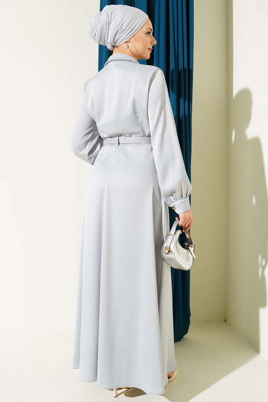 Fularlı Kemerli Saten Abiye Elbise Gri