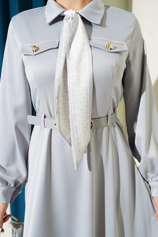 Fularlı Kemerli Saten Abiye Elbise Gri