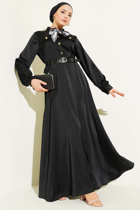 Abito da cerimonia in raso con cintura e sciarpa Nero