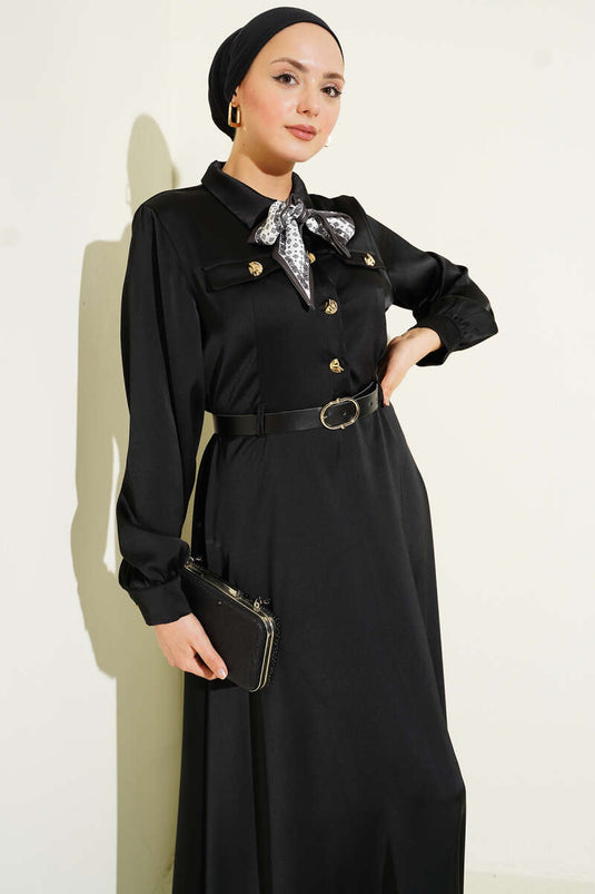 Abito da cerimonia in raso con cintura e sciarpa Nero