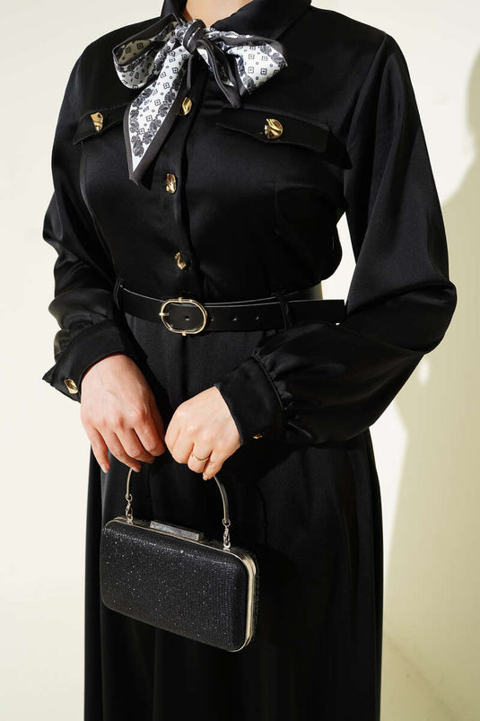 Abito da cerimonia in raso con cintura e sciarpa Nero