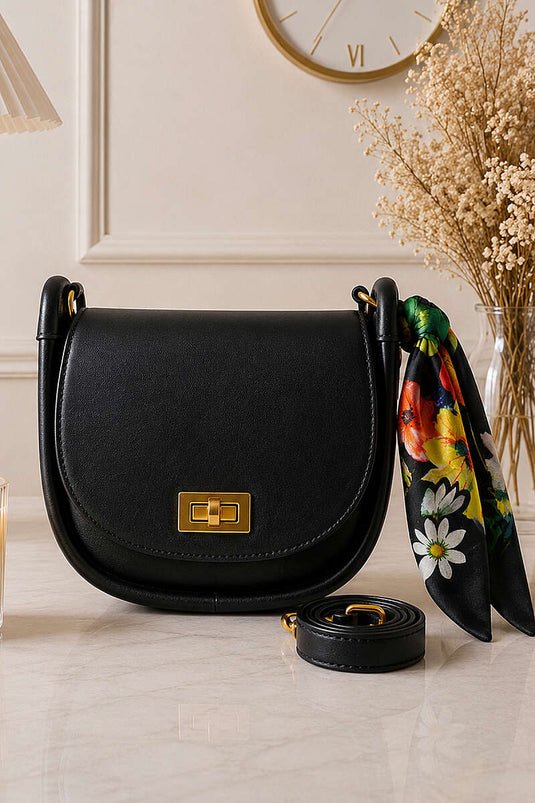 Bolso Ovalado Negro Con Detalle De Cierre Con Fular