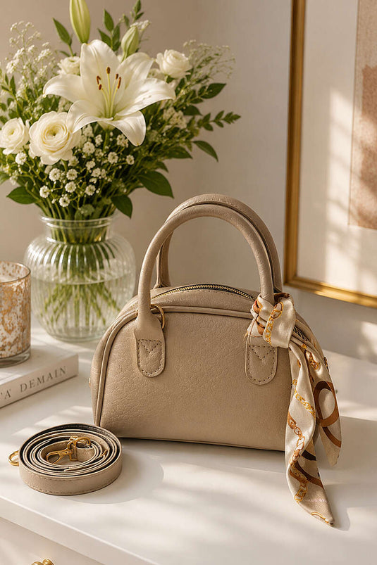 Sac Bandoulière Mini Avec Foulard Et Fermeture Éclair Beige