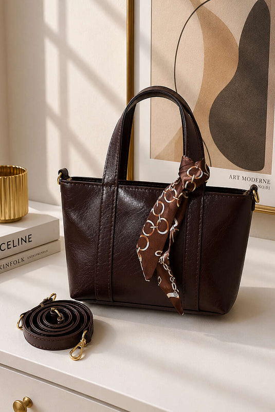 Sac À Main Femme Avec Foulard Et Couture Frontale En Aci Kahve