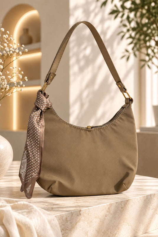 Fularlı Oval Kol Çantası Vizon