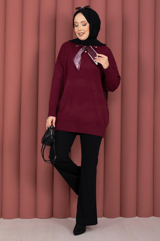 Fularlı Polo Yaka Triko Kazak Bordo