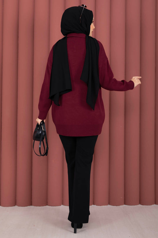 Pull en tricot à col polo avec foulard bordeaux