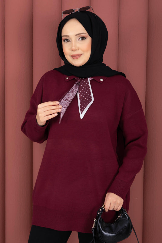 Fularlı Polo Yaka Triko Kazak Bordo