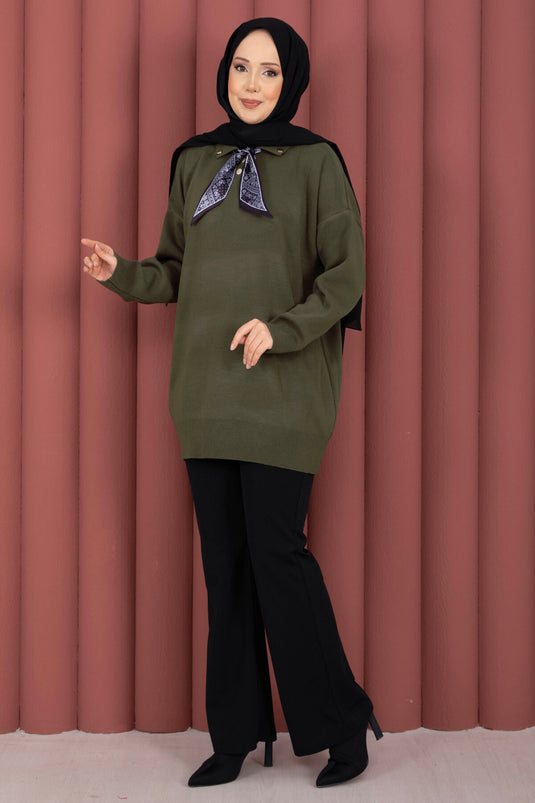 Fularlı Polo Yaka Triko Kazak Haki