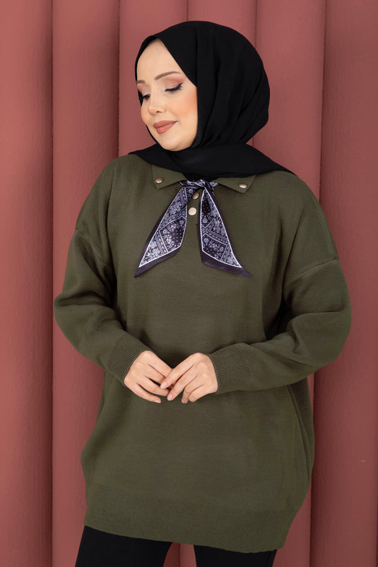 Fularlı Polo Yaka Triko Kazak Haki