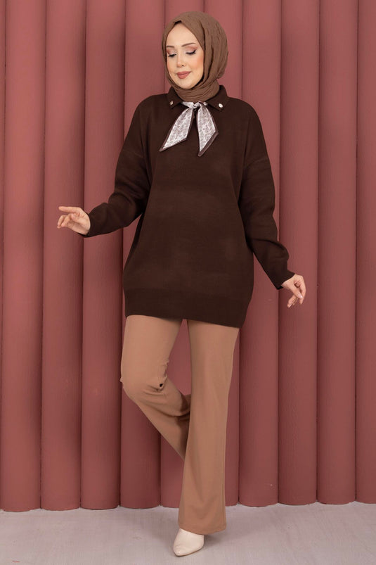 Fularlı Polo Yaka Triko Kazak Kahve