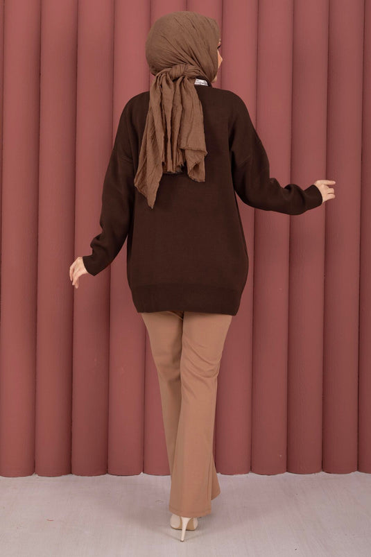 Fularlı Polo Yaka Triko Kazak Kahve