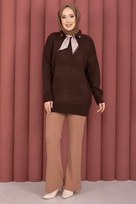 Fularlı Polo Yaka Triko Kazak Kahve