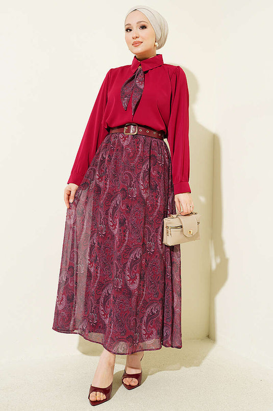 Fularlı Retro Desen Şifon Etekli Takım Bordo