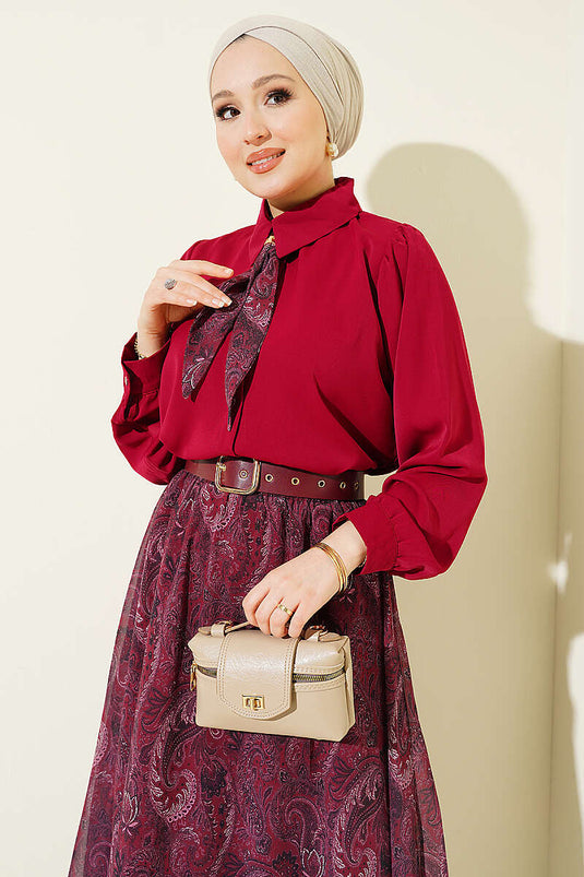 Fularlı Retro Desen Şifon Etekli Takım Bordo