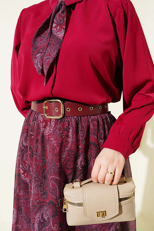 Fularlı Retro Desen Şifon Etekli Takım Bordo