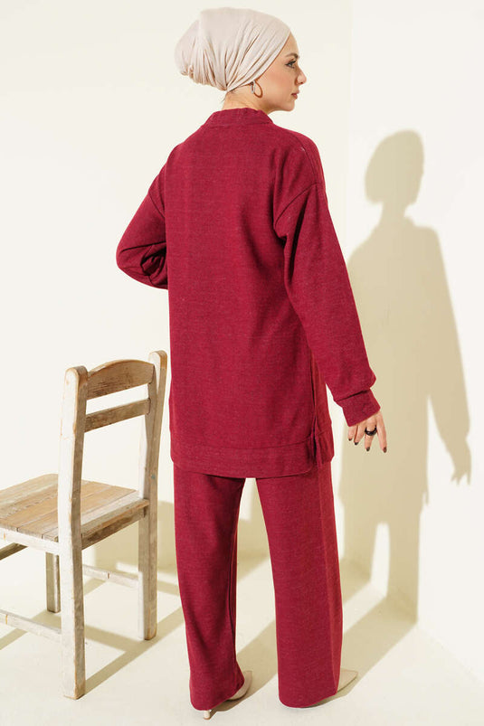 Fularlı Triko İkili Takım Bordo