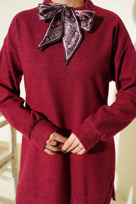 Fularlı Triko İkili Takım Bordo