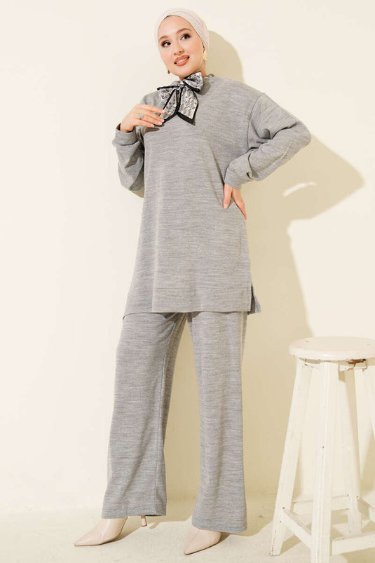 Scarf Knitwear Two Piece Set Gray