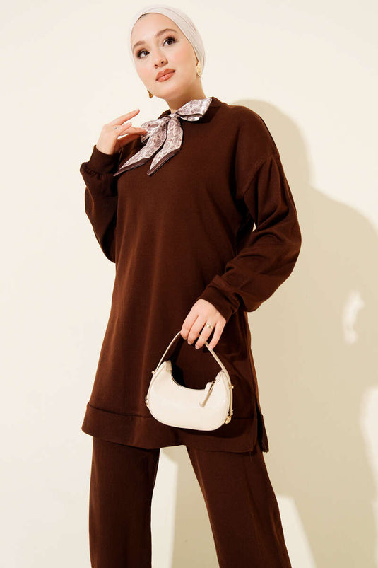 Scarf Knitwear Two Piece Set Brown