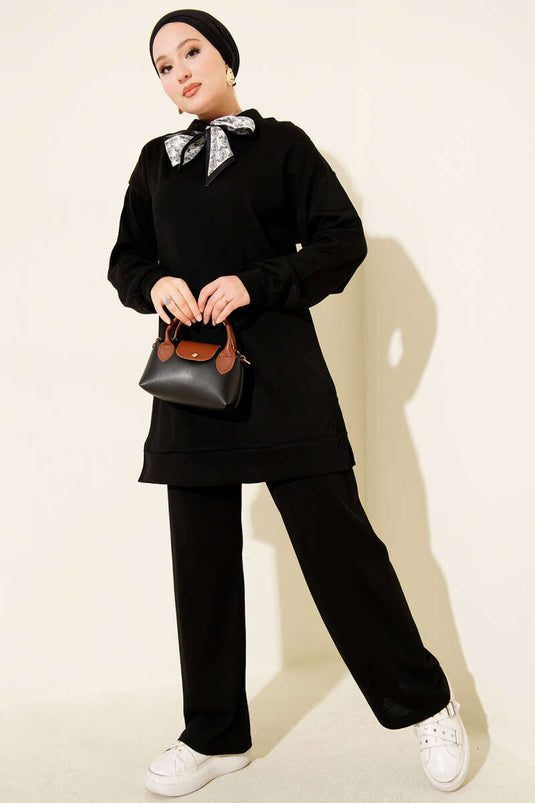 Scarf Knitwear Two Piece Set Black