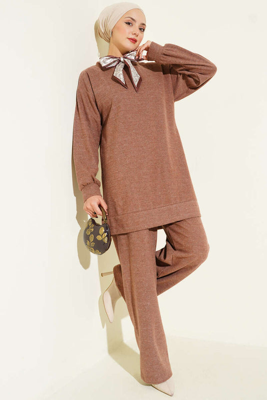 Fularlı Triko İkili Takım Sütlü Kahve