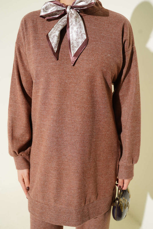 Fularlı Triko İkili Takım Sütlü Kahve