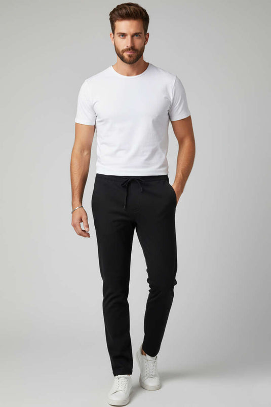 بنطلون رجالي من قماش الجبردين مع رباط عند الخصر، أسود