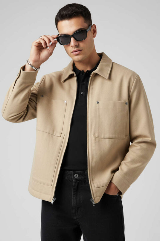 Men's Gabardine Zip-Up Jacket, Beige