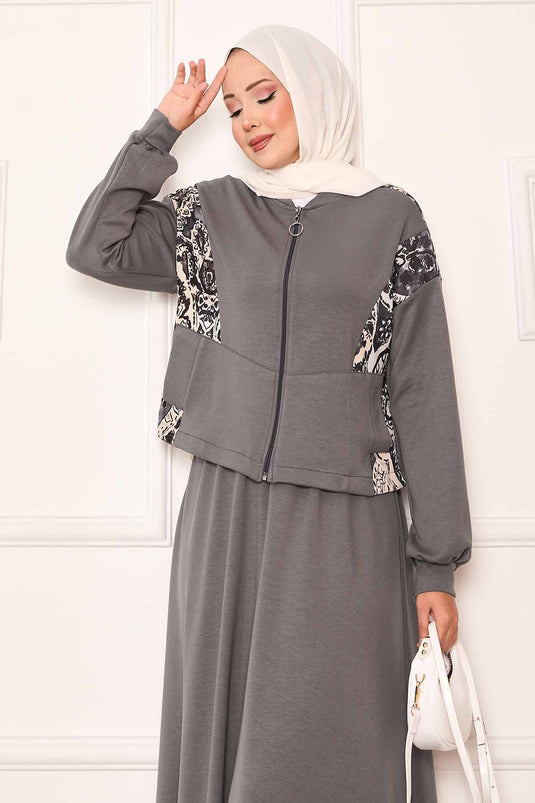 Ensemble crop top et jupe avec détails garnis gris