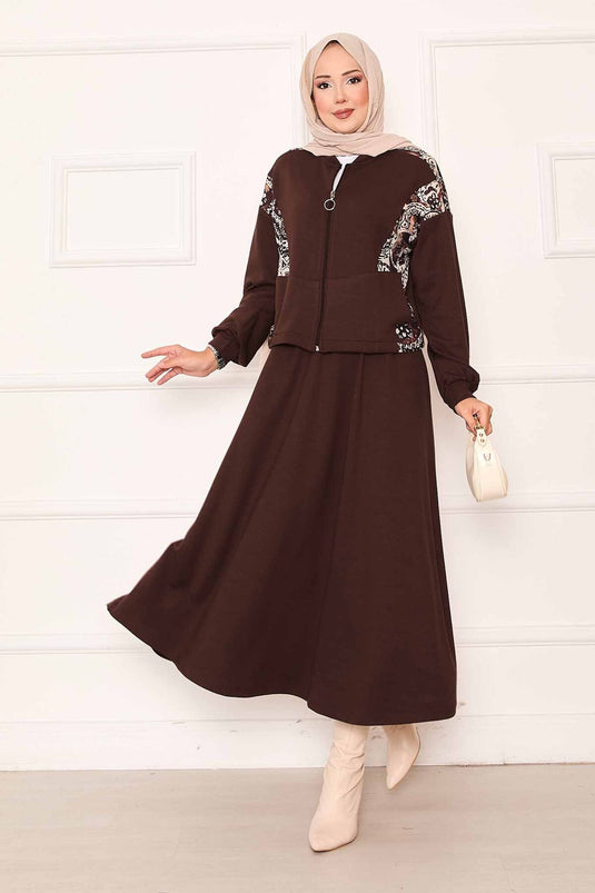 Set mit Cropped-Oberteil und Rock mit Verzierungen, Braun