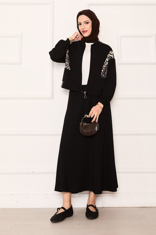 Garni Detailed Cropped Skirt Set Black