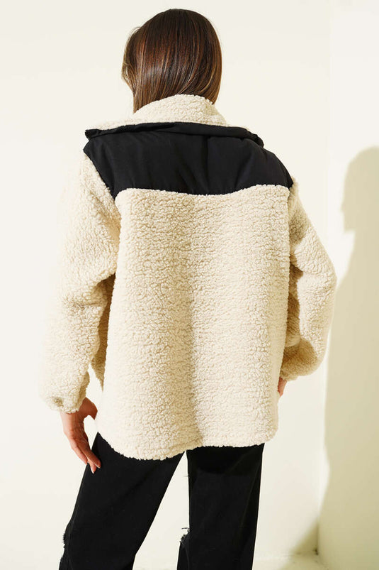 Plush Jacket with Garni Detail and Zipper, Beige