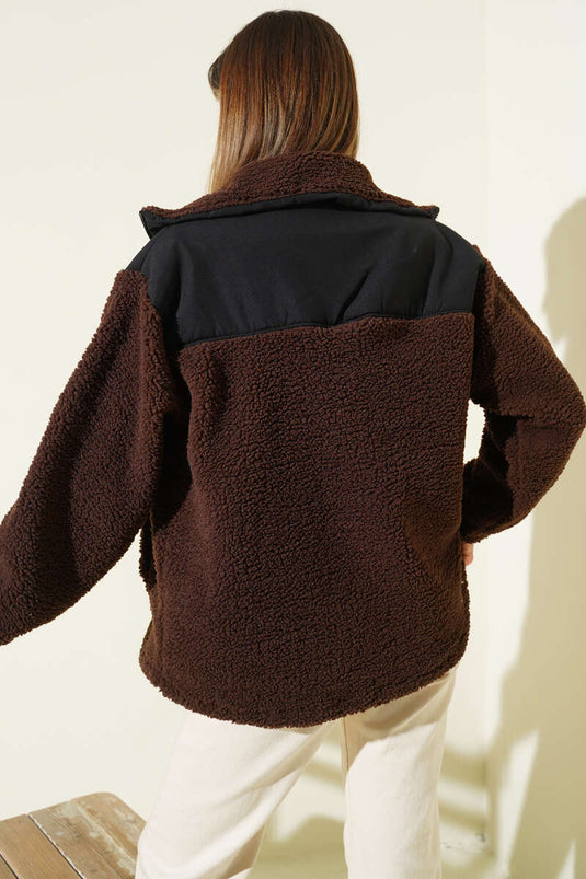 Plush Jacket with Garni Detail and Zipper, Coffee Color