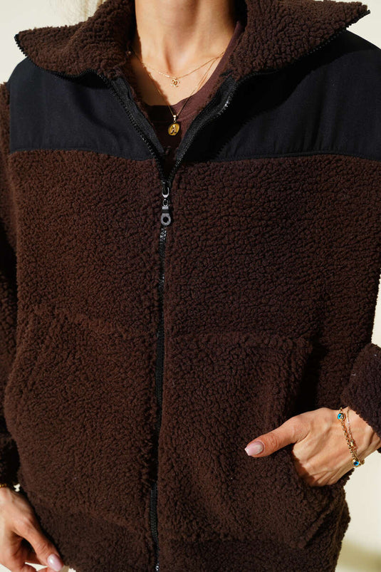 Garni Detaylı Fermuarlı Peluş Mont Kahve