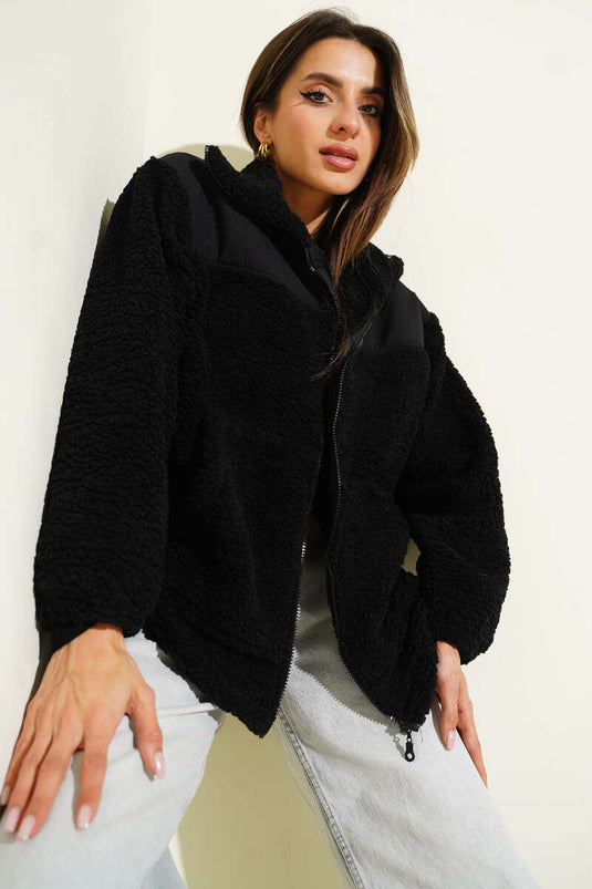 Garni Detail Zippered Plush Jacket Black