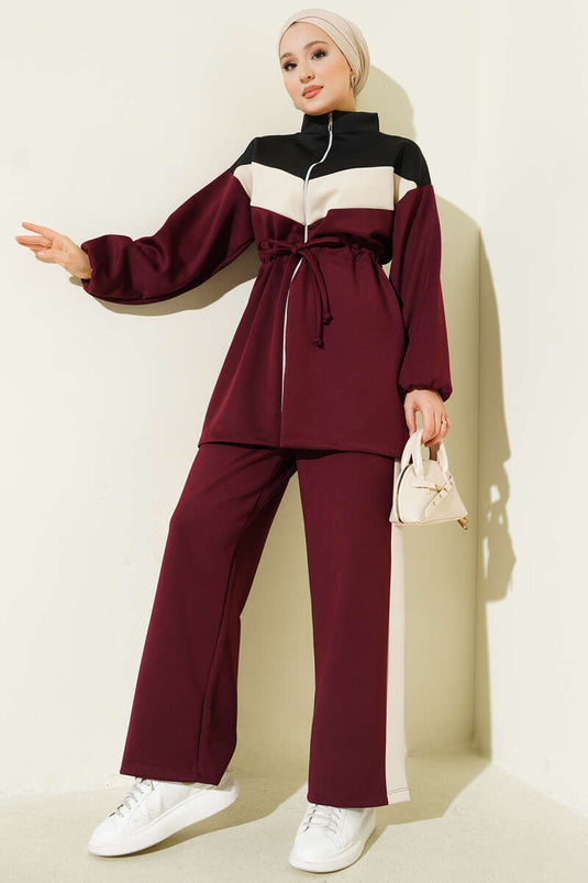 Garnished Waist Tunneled Scuba Two Piece Suit Claret Red