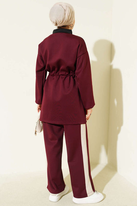 Garnished Waist Tunneled Scuba Two Piece Suit Claret Red