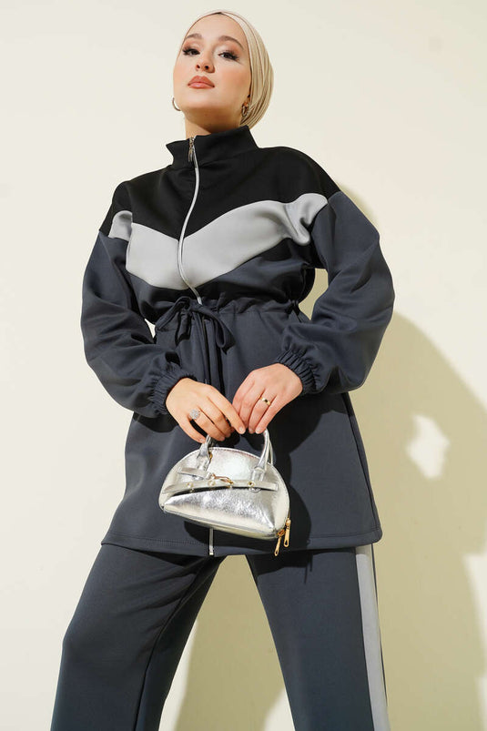 Garnished Waist Tunneled Scuba Two Piece Set Smoked