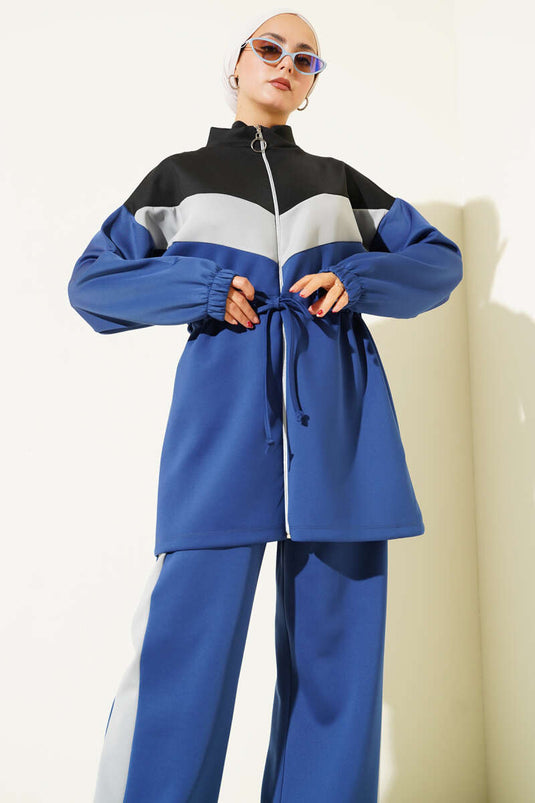 Trimmed Waist Tunnel Scuba Two-Piece Set, Navy Blue